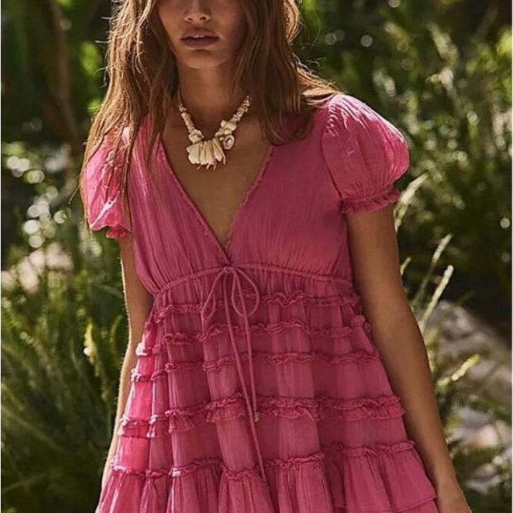 Free People Pink Tiered Short Sleeve Babydoll Dress